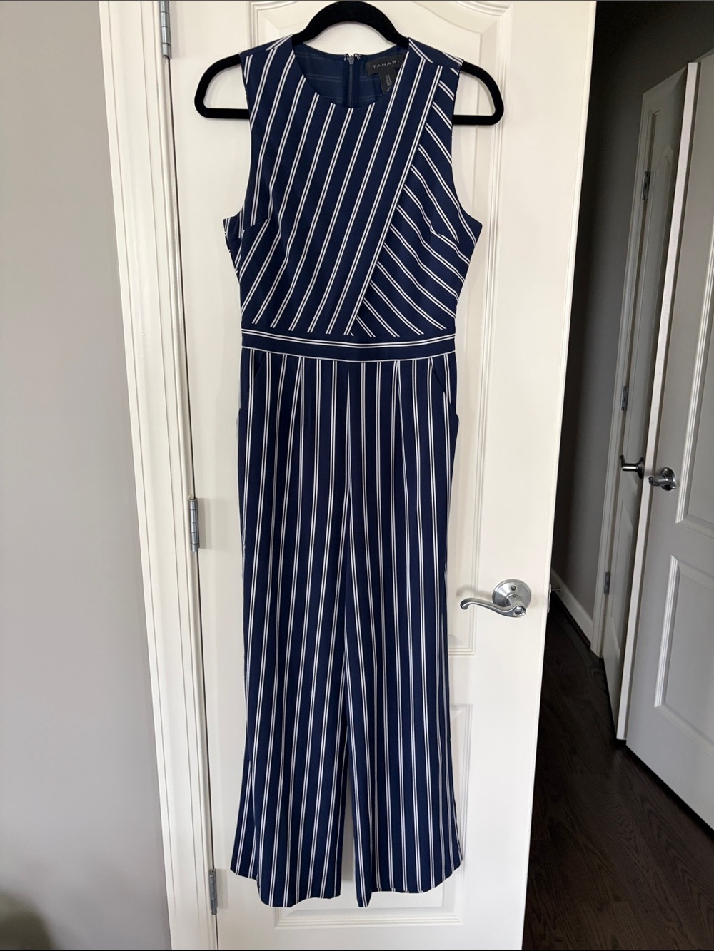 Tahari Navy and White Vertical Stripe Sleeveless Jumpsuit